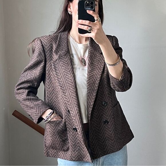 Vintage Evan Picone Herringbone Double Breasted Blazer Jacket Patch Pocket Brown - Picture 2 of 8